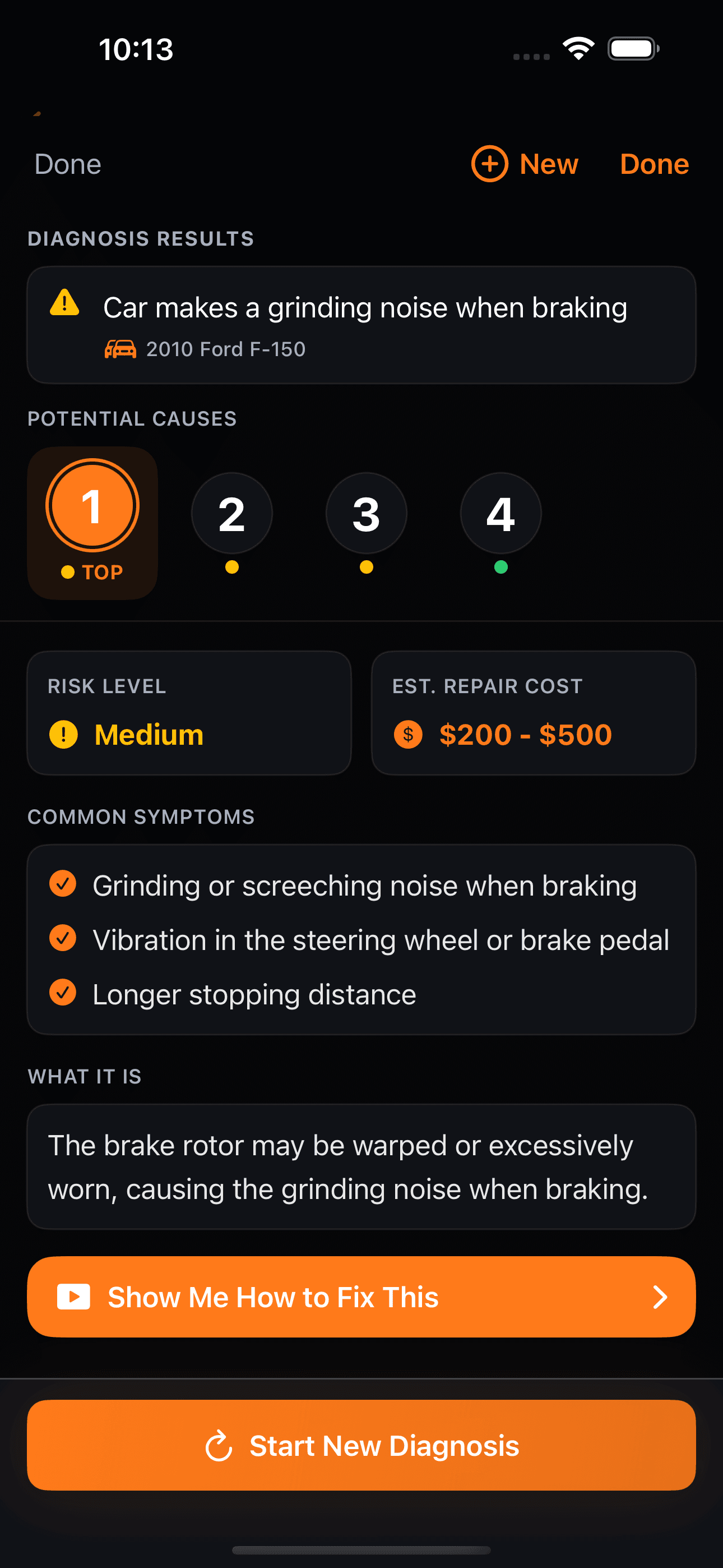 Diagnosis Results screen with severity, cost estimate, and likely causes.