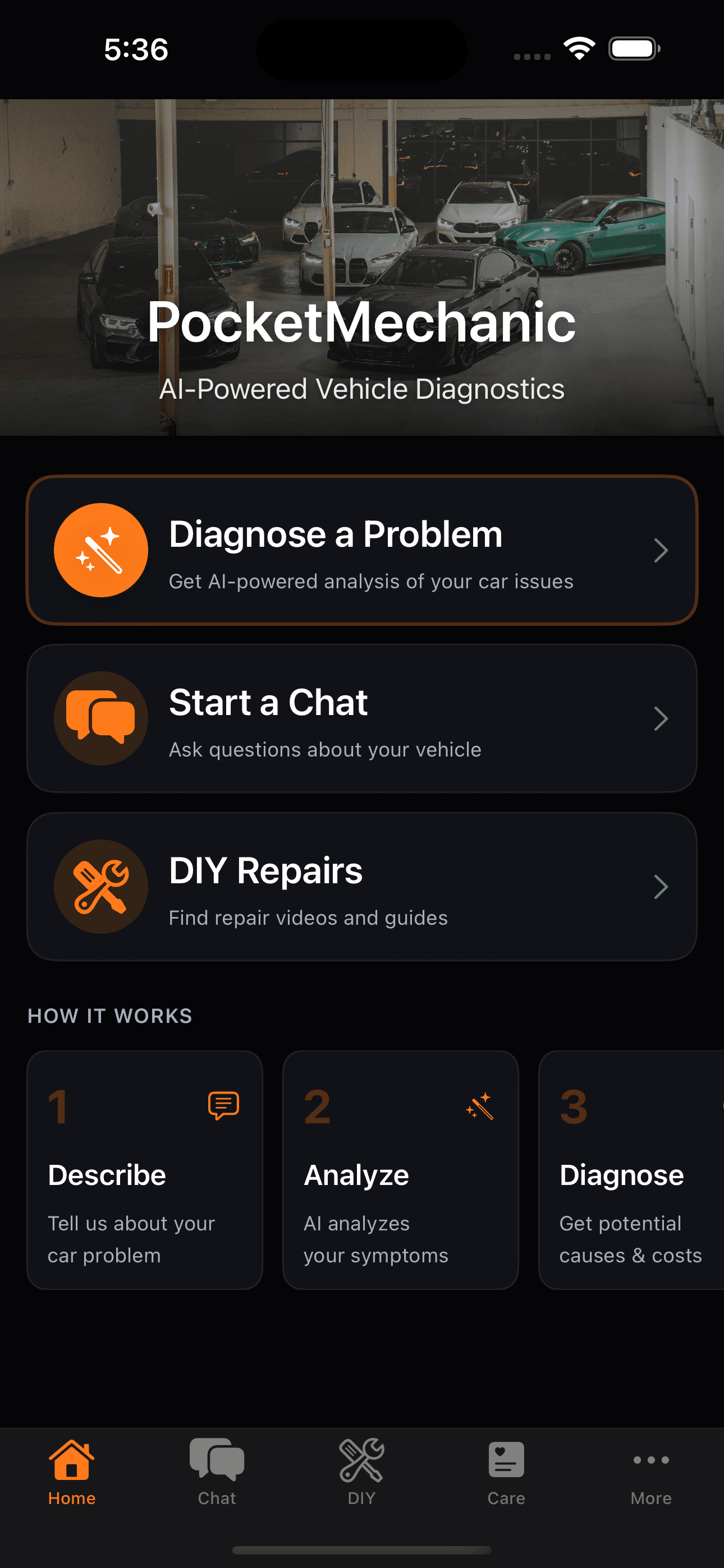 Home screen with diagnosis modes and quick-start buttons.