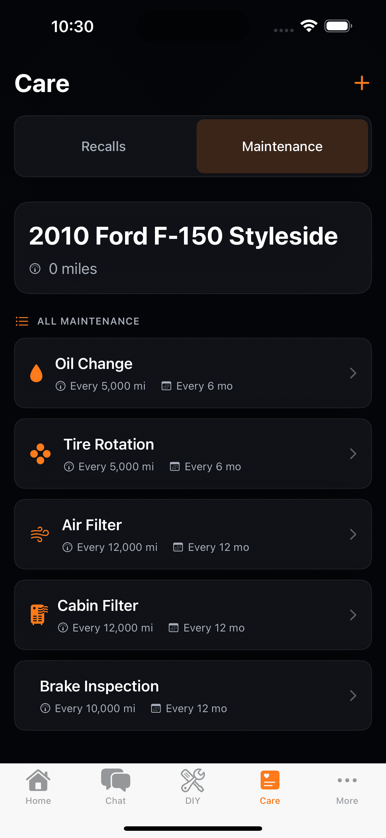 Maintenance screen showing scheduled service items.